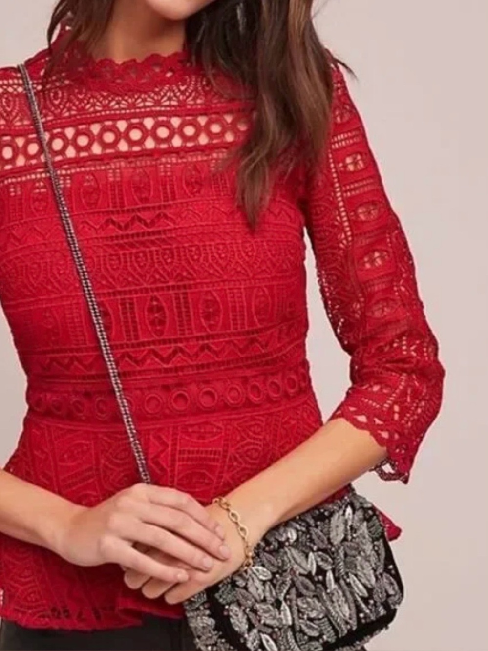 ANTHROPOLOGIE - Moulinette Soeurs Tamera Red Lace Peplum Top Size 0P